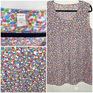 Pink K Sleeveless Blouse Ditsy Floral Pockets Lightweight Cotton Blend Womens 1X